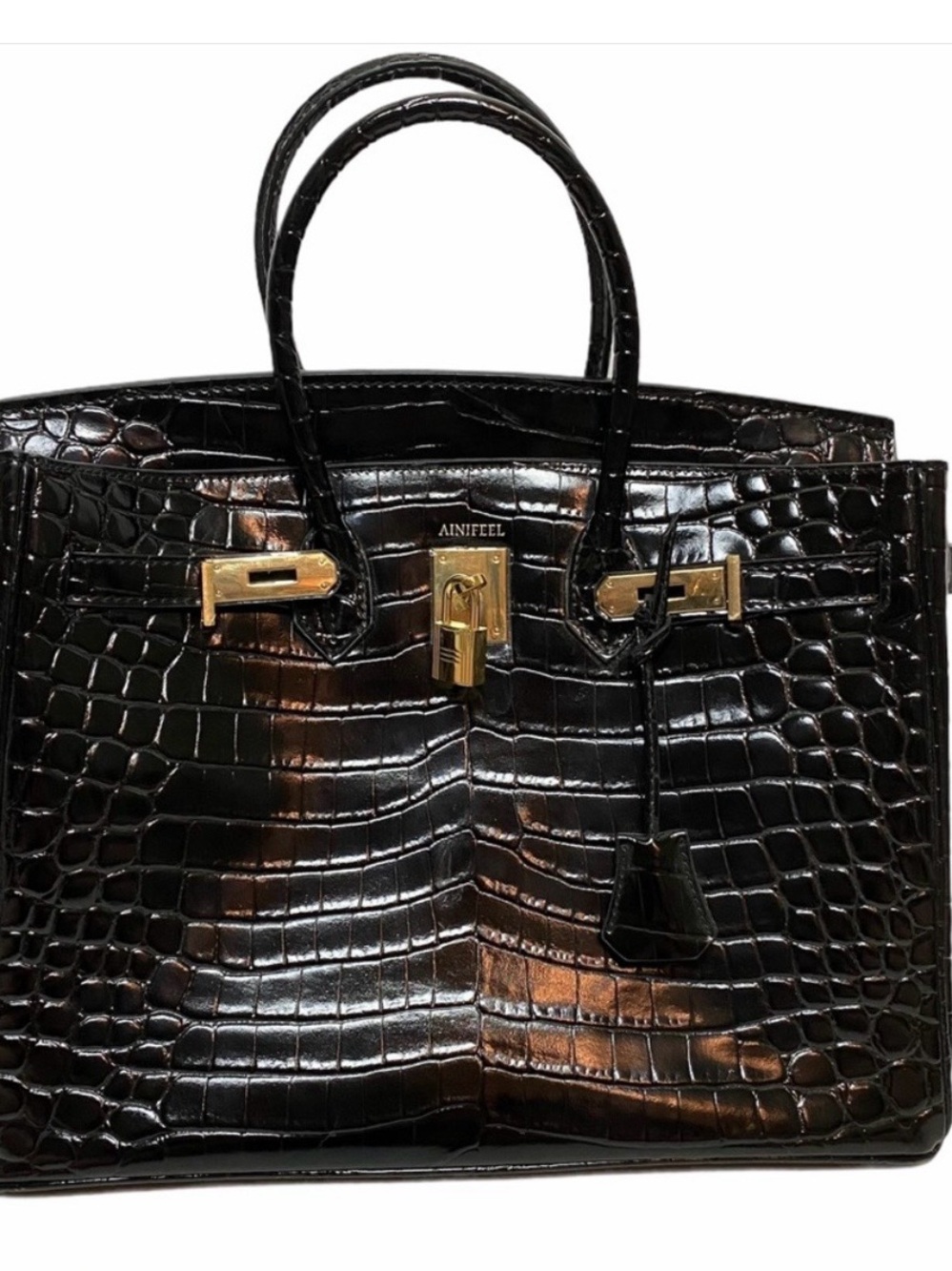Ainifeel Black Croc-Embossed Satchel with Gold Hardware